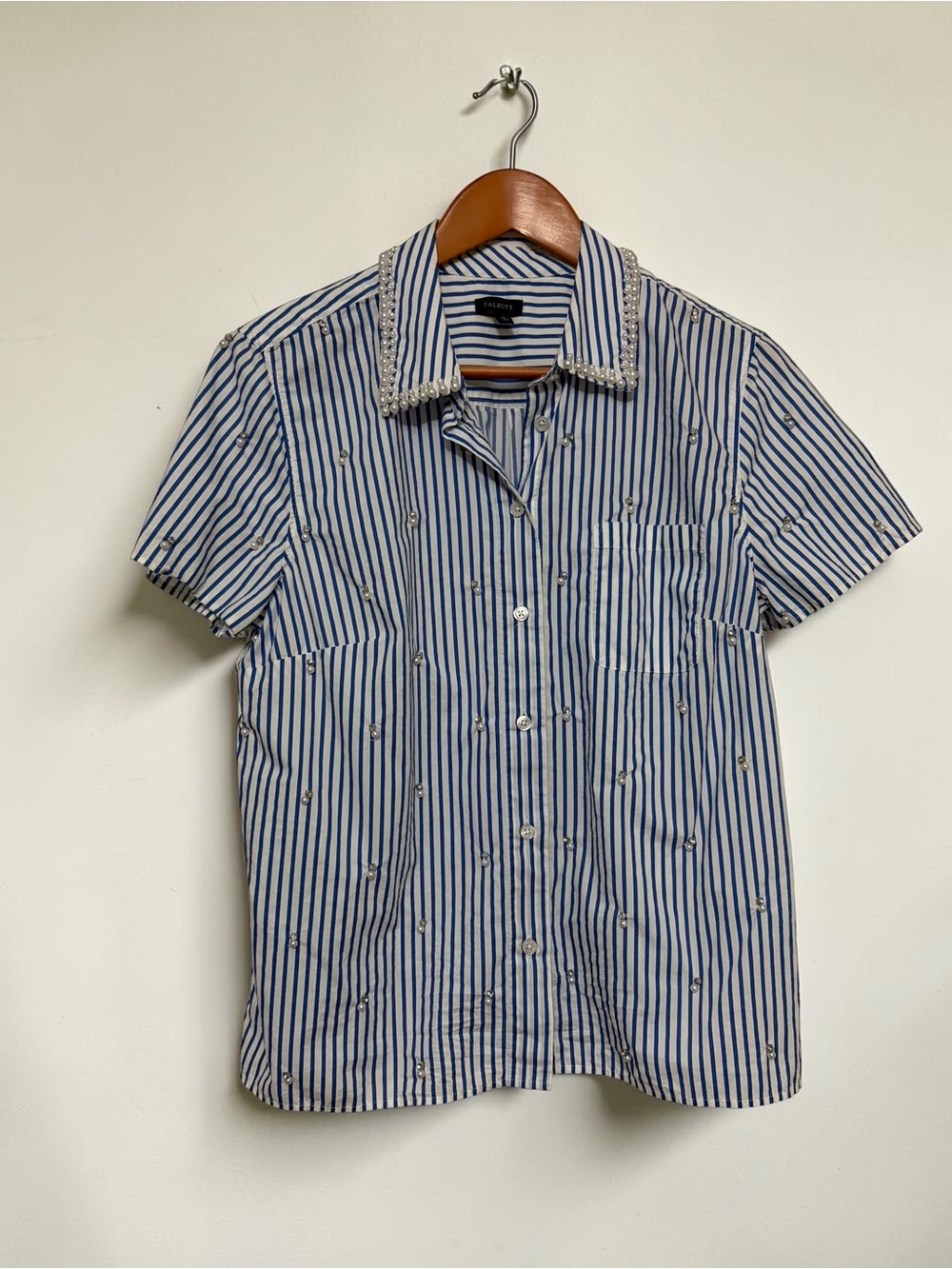 Talbots Pearl Rhinestone Embellished Striped Button Down Shirt Medium Blue White